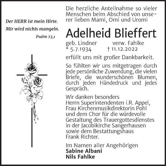 Traueranzeige von Adelheid Blieffert von Trauerkombi Sangerhausen