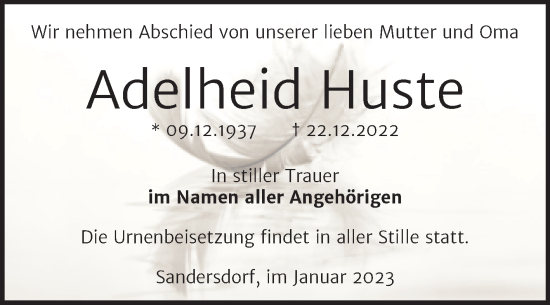 Traueranzeige von Adelheid Huste von Trauerkombi Bitterfeld