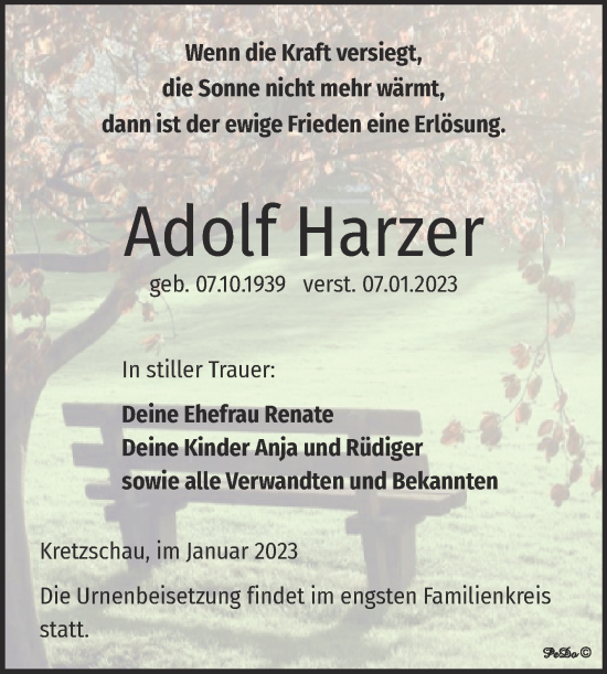 Traueranzeige von Adolf Harzer von Trauerkombi Zeitz