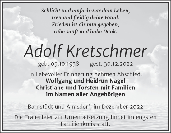 Traueranzeige von Adolf Kretschmer von Trauerkombi Merseburg