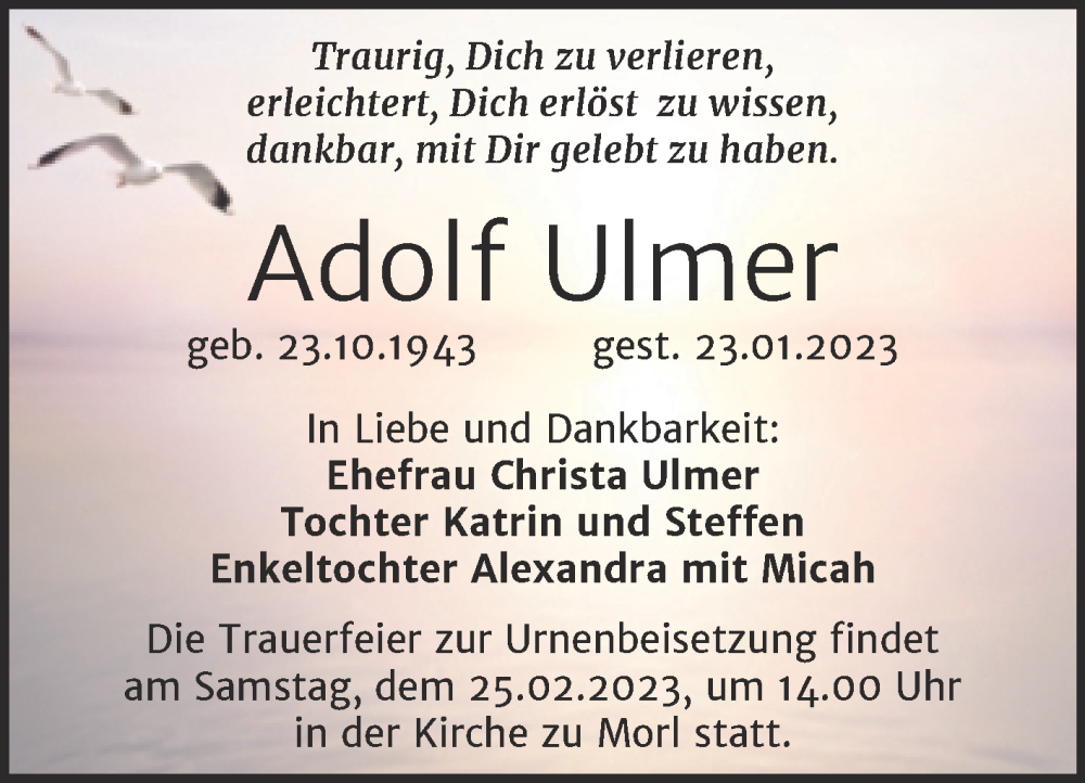 Traueranzeige für Adolf Ulmer vom 28.01.2023 aus Mitteldeutsche Zeitung Halle/Saalkreis