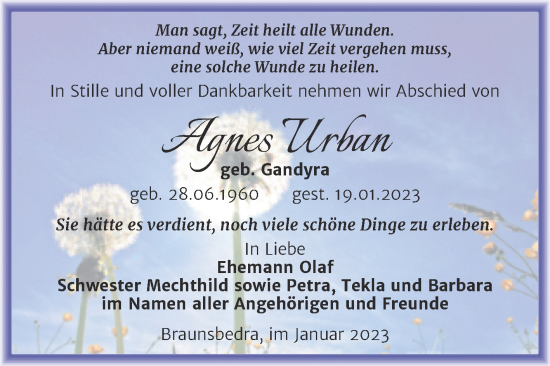 Traueranzeige von Agnes Urban von Trauerkombi Merseburg