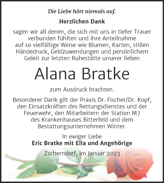 Traueranzeige von Alana Bratke von Trauerkombi Bitterfeld