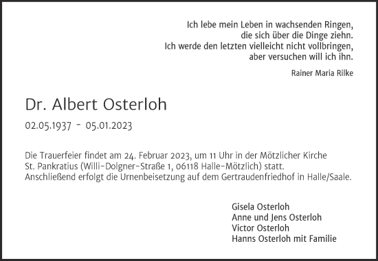 Traueranzeige von Albert Osterloh von Mitteldeutsche Zeitung Halle/Saalkreis