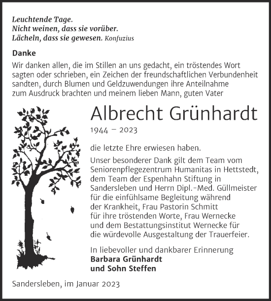 Traueranzeige von Albrecht Grünhardt von Trauerkombi Mansfelder Land