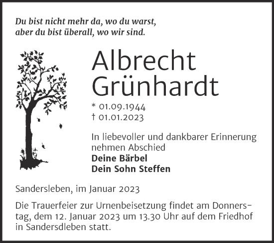 Traueranzeige von Albrecht Grünhardt von Trauerkombi Mansfelder Land
