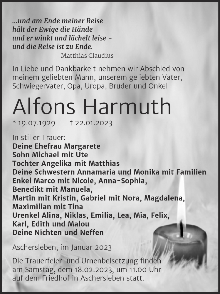  Traueranzeige für Alfons Harmuth vom 31.01.2023 aus Trauerkombi Aschersleben