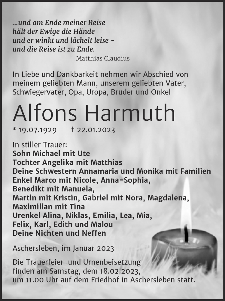  Traueranzeige für Alfons Harmuth vom 28.01.2023 aus Trauerkombi Aschersleben