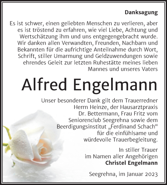 Traueranzeige von Alfred Engelmann von Trauerkombi Wittenberg
