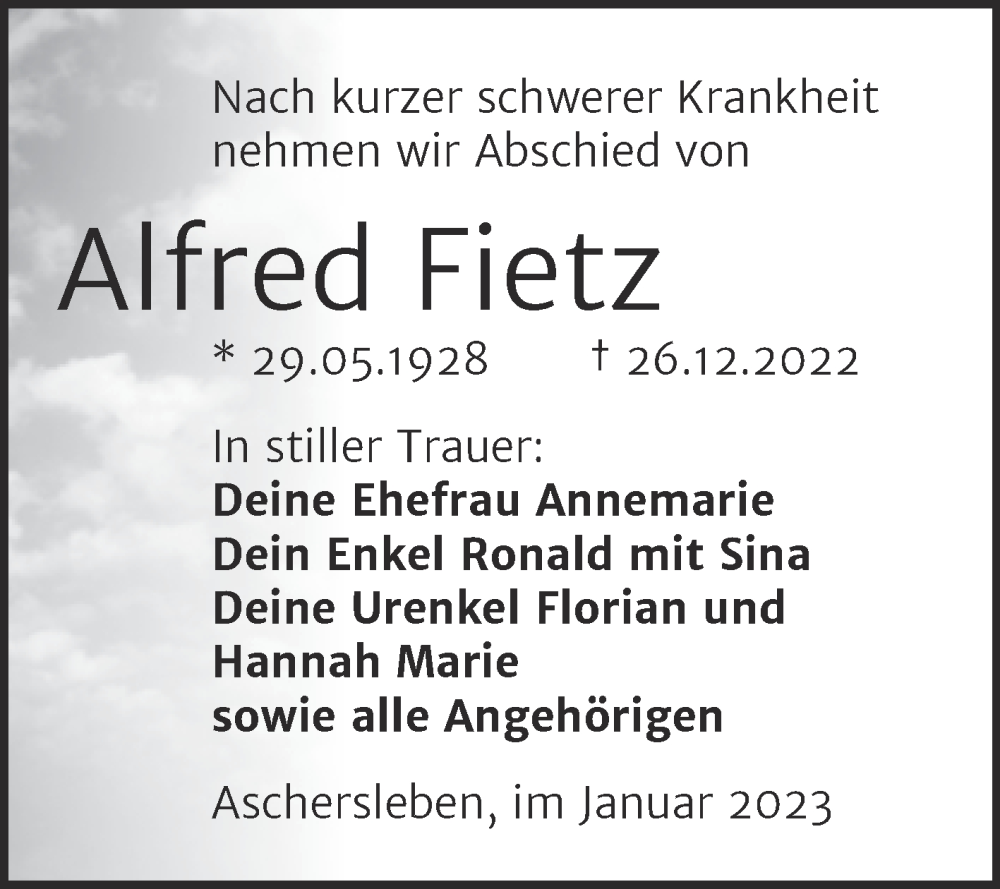  Traueranzeige für Alfred Fietz vom 07.01.2023 aus Trauerkombi Aschersleben