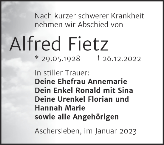 Traueranzeige von Alfred Fietz von Trauerkombi Aschersleben