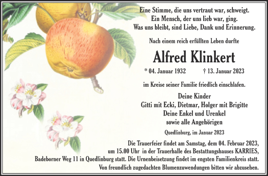 Traueranzeige von Alfred Klinkert von Trauerkombi Quedlinburg
