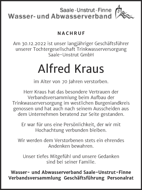 Traueranzeige von Alfred Kraus von Naumburger Tageblatt