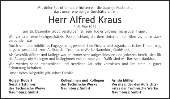 Traueranzeige von Alfred Kraus von Naumburger Tageblatt