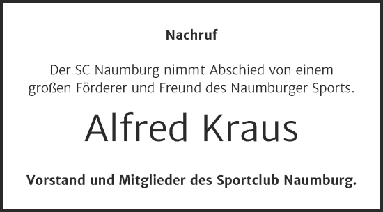 Traueranzeige von Alfred Kraus von Naumburger Tageblatt