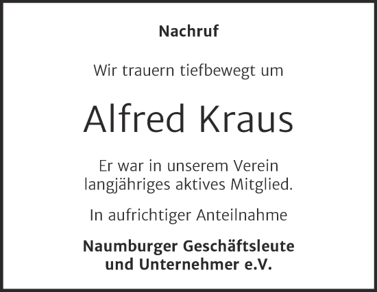 Traueranzeige von Alfred Kraus von Naumburger Tageblatt
