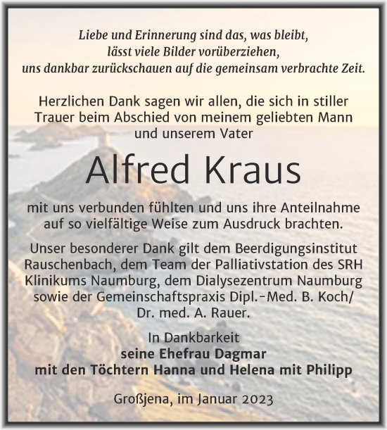 Traueranzeige von Alfred Kraus von Naumburger Tageblatt