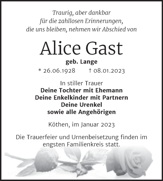 Traueranzeige von Alice Gast von Trauerkombi Köthen
