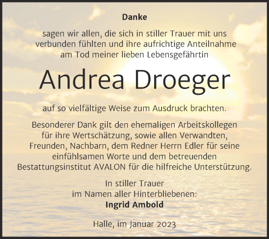 Traueranzeige von Andrea Droeger von Mitteldeutsche Zeitung Halle/Saalkreis