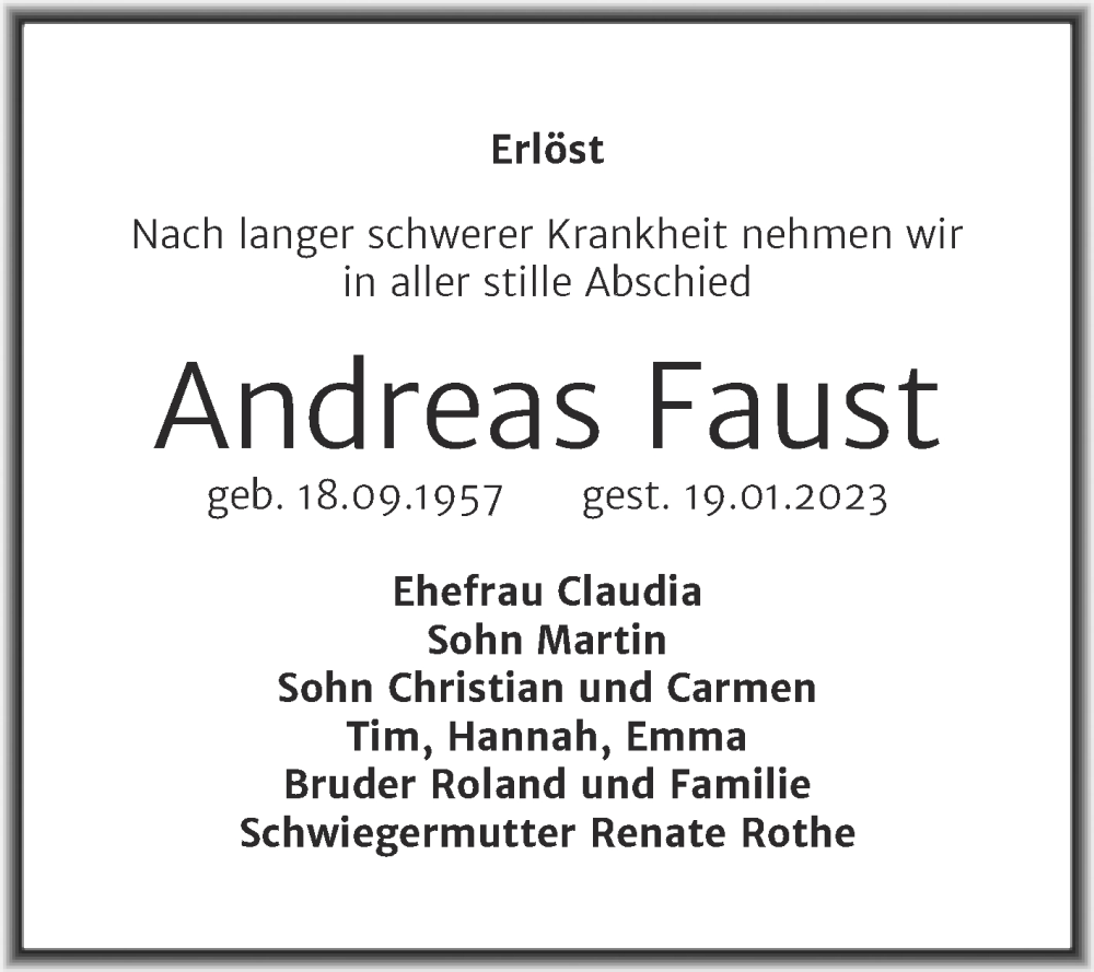  Traueranzeige für Andreas Faust vom 28.01.2023 aus Trauerkombi Weißenfels