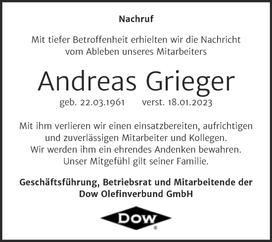 Traueranzeige von Andreas Grieger von Mitteldeutsche Zeitung Merseburg/Querfurt