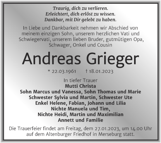 Traueranzeige von Andreas Grieger von Trauerkombi Merseburg