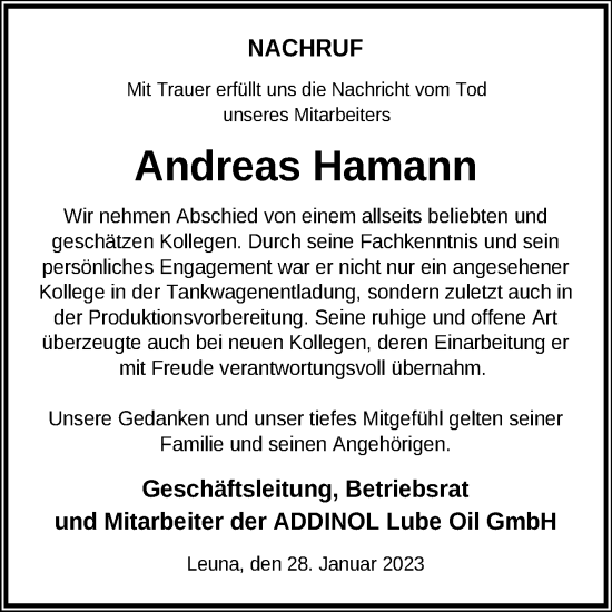 Traueranzeige von Andreas Hamann von Mitteldeutsche Zeitung