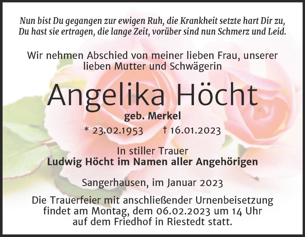  Traueranzeige für Angelika Höcht vom 25.01.2023 aus Trauerkombi Sangerhausen