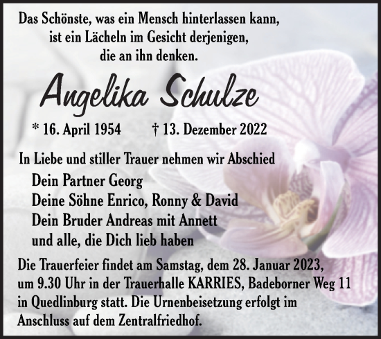 Traueranzeige von Angelika Schulze von Trauerkombi Quedlinburg
