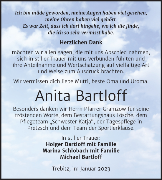 Traueranzeige von Anita Bartloff von Trauerkombi Wittenberg