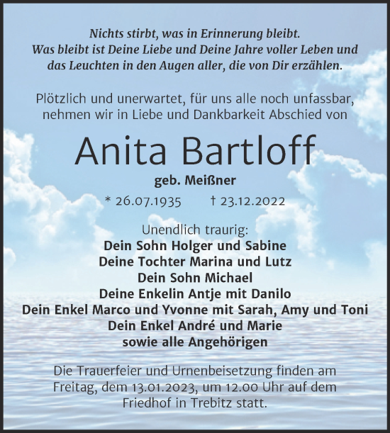 Traueranzeige von Anita Bartloff von Trauerkombi Wittenberg