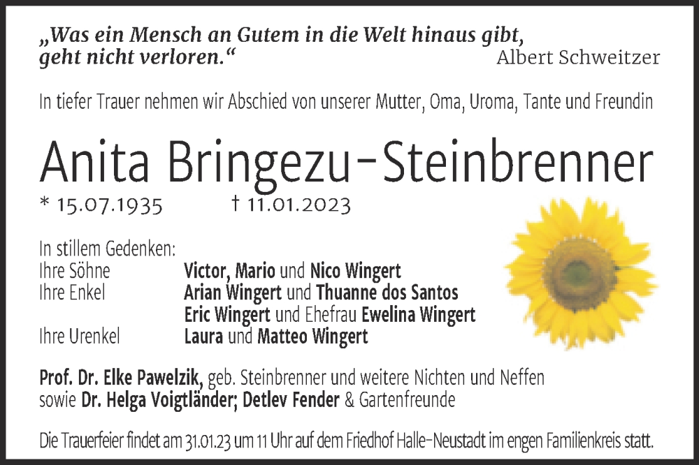  Traueranzeige für Anita Bringezu-Steinbrenner vom 28.01.2023 aus Mitteldeutsche Zeitung Halle/Saalkreis