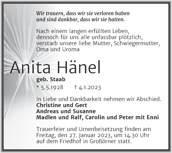 Traueranzeige von Anita Hänel von Trauerkombi Mansfelder Land