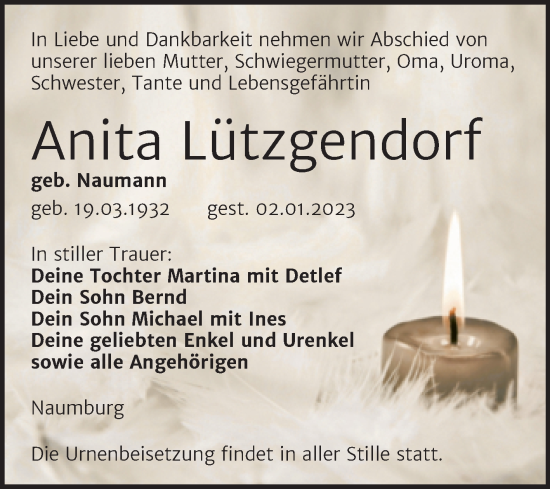 Traueranzeige von Anita Lützgendorf von Wochenspiegel Naumburg/Nebra