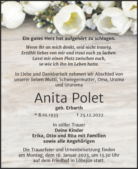 Traueranzeige von Anita Polet von Trauerkombi Köthen