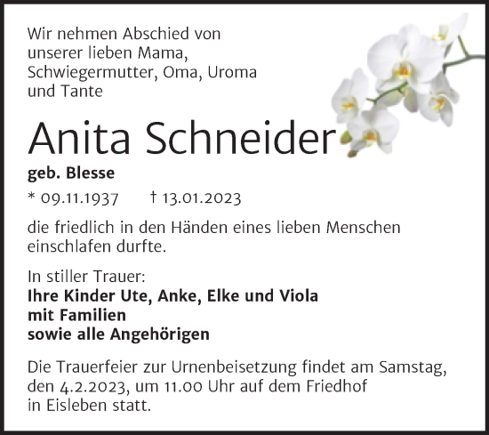 Traueranzeige von Anita Schneider von Trauerkombi Mansfelder Land