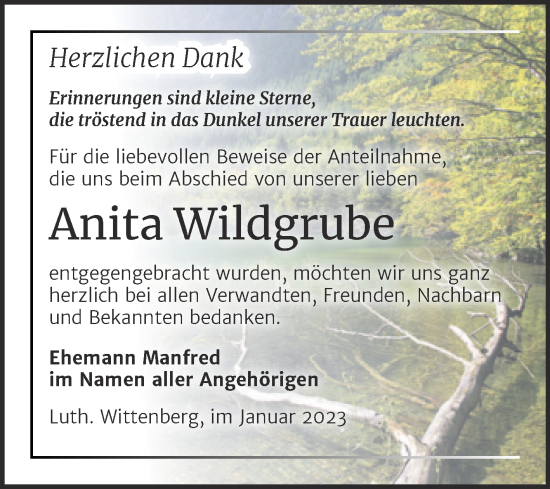 Traueranzeige von Anita Wildgrube von Trauerkombi Wittenberg