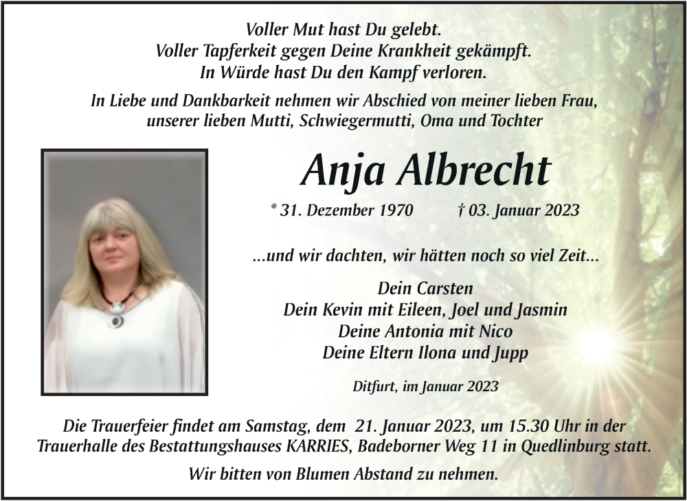  Traueranzeige für Anja Albrecht vom 14.01.2023 aus Trauerkombi Quedlinburg