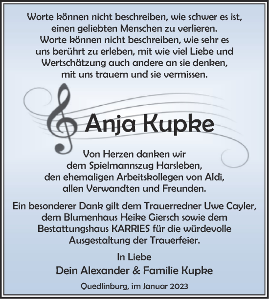 Traueranzeige von Anja Kupke von Trauerkombi Quedlinburg