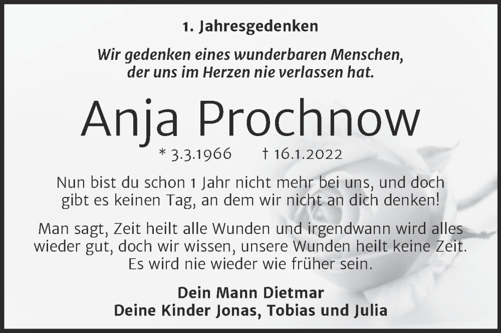  Traueranzeige für Anja Prochnow vom 16.01.2023 aus Trauerkombi Bitterfeld