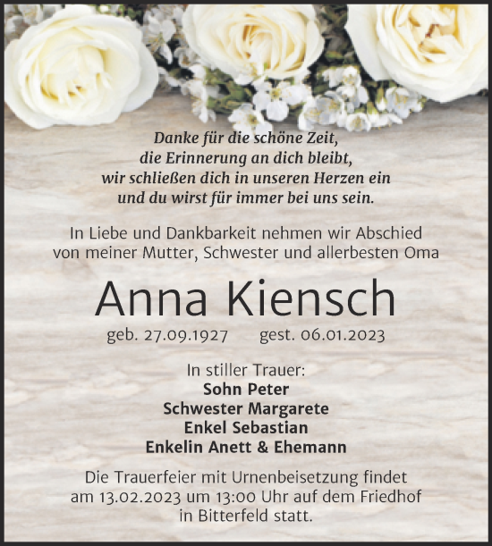 Traueranzeige von Anna Kiensch von Trauerkombi Bitterfeld