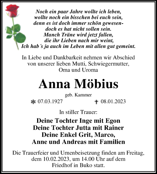 Traueranzeige von Anna Möbius von Trauerkombi Wittenberg
