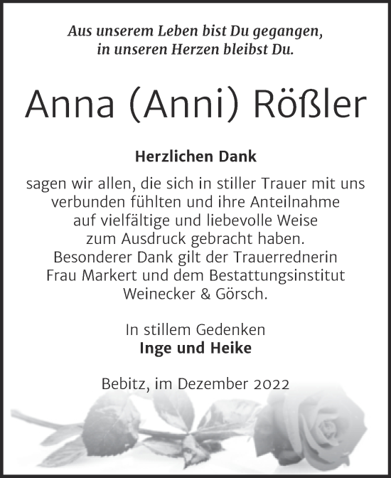 Traueranzeige von Anna Rößler von Trauerkombi Bernburg