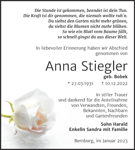 Traueranzeige von Anna Stiegler von Trauerkombi Bernburg