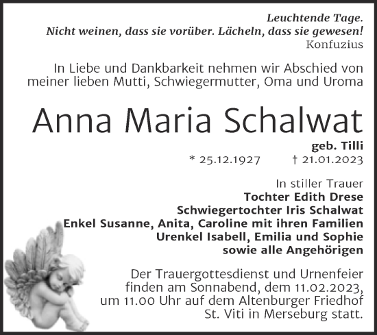 Traueranzeige von Anna Maria Schalwat von Trauerkombi Merseburg