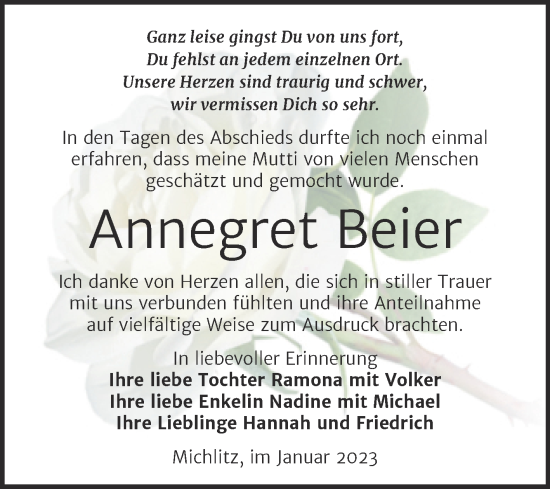 Traueranzeige von Annegret Beier von Trauerkombi Weißenfels