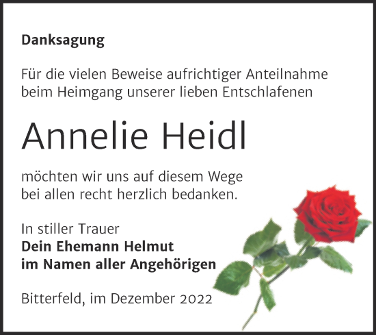 Traueranzeige von Annelie Heidl von Trauerkombi Bitterfeld