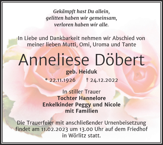 Traueranzeige von Anneliese Döbert von Trauerkombi Wittenberg