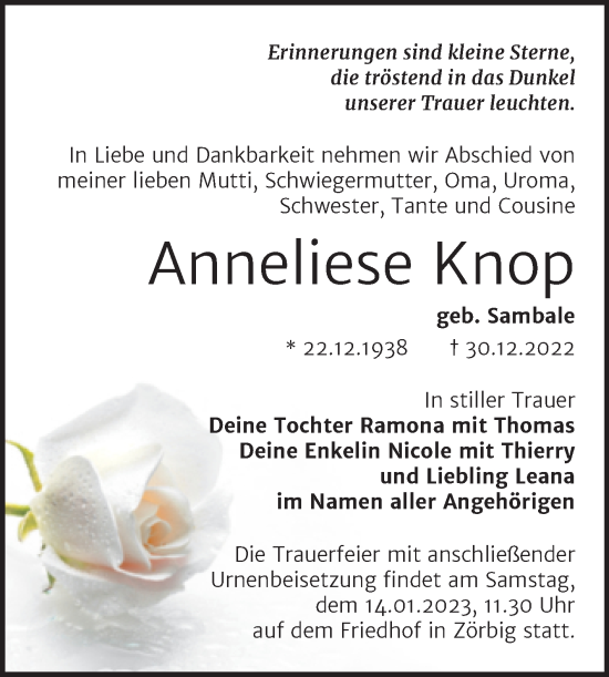 Traueranzeige von Anneliese Knop von Trauerkombi Bitterfeld