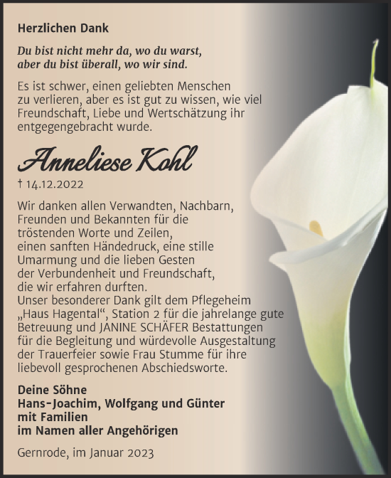 Traueranzeige von Anneliese Kohl von Trauerkombi Quedlinburg